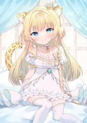 Rule 34 | 1girl, animal ear fluff, blonde hair, blue eyes, blush, braid, breasts, cleavage, commentary, crown, dress, hatsukapipi, highres, indie virtual youtuber, medium breasts, mini crown, nanase (ribonshitoron), side braid, sitting, smile, solo, symbol-only commentary, thighhighs, virtual youtuber, white dress, white thighhighs