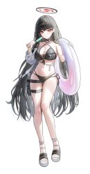 Rule 34 | 1girl, absurdres, bikini, black bikini, black hair, black halo, blue archive, blush, breasts, bright pupils, collarbone, commentary, food, full body, hair ornament, hairclip, halo, highres, holding, holding food, holding popsicle, large breasts, long hair, looking at viewer, mungduck, navel, popsicle, red eyes, red halo, rio (blue archive), sandals, side-tie bikini bottom, standing, sweat, swimsuit, thigh strap, thighs, toes, two-tone halo, very long hair, white pupils
