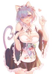 Rule 34 | 1girl, absurdres, animal ear fluff, animal ears, blue eyes, blue hair, blush, bow, breasts, cat ears, cat girl, cat tail, claw pose, cleavage, detached sleeves, dress, female focus, frills, green bow, hair between eyes, hair ornament, hair over one eye, hair ribbon, hand on own chest, heart, highres, huge filesize, large breasts, looking at viewer, maid, maid headdress, matching hair/eyes, open mouth, orange bow, pink ribbon, re:zero kara hajimeru isekai seikatsu, red bow, rem (re:zero), ribbon, short hair, simple background, smile, solo, tail, torano, white background