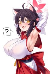 Rule 34 | 1girl, ?, ??, absurdres, ahoge, animal ears, armpits, arms behind head, arms up, black hair, blondy (ldlong), blue archive, blush, breasts, covered erect nipples, detached sleeves, fang, hair ornament, hakama, hakama short skirt, hakama skirt, highres, huge breasts, japanese clothes, kaede (blue archive), long hair, looking at viewer, nontraditional miko, open mouth, red hakama, sash, sideboob, simple background, skirt, smile, solo, spoken question mark, white background, yellow eyes