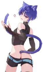 Rule 34 | !?, 1boy, absurdres, androgynous, anger vein, animal ear fluff, animal ears, ass, bare shoulders, belt, black shorts, blue belt, blush, bridal gauntlets, butt crack, cat boy, cat ears, chobonu, cowboy shot, crop top, elbow gloves, eyelashes, from behind, genshin impact, gloves, hair between eyes, hand up, highres, looking at viewer, looking back, male focus, open mouth, purple hair, purple tail, scaramouche (genshin impact), shirt, short hair, short shorts, shorts, skin tight, skindentation, sleeveless, sleeveless shirt, solo, thighhighs, thighs, wanderer (genshin impact)
