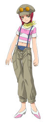 Rule 34 | 00s, 1girl, blouse, full body, green eyes, hat, high heels, juliet nao zhang, legs together, long image, my-otome, pants, pink hair, scarf, shirt, shoes, smile, solo, standing, striped clothes, striped shirt, suspenders, tall image, umekichi, white background