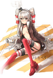 Rule 34 | 10s, 1girl, amatsukaze (kancolle), black panties, blush, breasts, brown eyes, choker, dress, efmoe, garter straps, gloves, highres, kantai collection, long hair, looking at viewer, open clothes, open dress, open shirt, panties, red thighhighs, sailor dress, school uniform, serafuku, shirt, short dress, silver hair, single glove, sketch, small breasts, solo, striped clothes, striped thighhighs, thighhighs, twintails, two side up, underwear, very long hair, white gloves