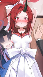 Rule 34 | 1boy, 2girls, ahr tato, arms up, blue archive, blush, breasts, character request, collarbone, commentary request, dress, highres, korean commentary, long hair, looking at viewer, medium breasts, multiple girls, nose blush, parted lips, red eyes, red hair, red sailor collar, renge (blue archive), sailor collar, sailor dress, sideless dress, white dress, yukari (blue archive)