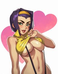 Rule 34 | 1girl, black hair, blush, breasts, cleavage, clothes lift, cowboy bebop, crop top, eyebrows, faye valentine, green eyes, grin, hairband, highres, large breasts, lifting own clothes, lips, lipstick, looking at viewer, makeup, navel, parted lips, red lips, riz, short hair, smile, solo, teasing, teeth, upper body