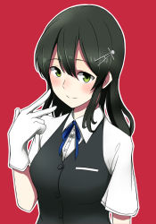Rule 34 | 10s, 1girl, black hair, black vest, gloves, grey eyes, hair ornament, hairclip, highres, kagari liroi, kantai collection, long hair, looking at viewer, oyashio (kancolle), red background, school uniform, shirt, short sleeves, simple background, smile, solo, upper body, vest, white gloves, white shirt