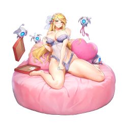 Rule 34 | 1girl, adjusting bra, adjusting clothes, areola slip, armband, barefoot, bed, blonde hair, blush, box, bra, breasts, collarbone, covering crotch, covering privates, dress, dress tug, drone, floating, floating object, frilled armband, frilled panties, frills, full body, game cg, gem, gluteal fold, green eyes, green gemstone, hair ribbon, heart, heart-shaped pillow, highres, indomitable marie, kakiman, large breasts, last origin, letter, linea alba, lingerie, long hair, looking at viewer, official alternate costume, official art, on bed, panties, pillow, purple armband, purple bra, ribbon, see-through, sitting, solo, tachi-e, thick thighs, thighs, thong, transparent background, transparent ribbon, underwear, underwear only, very long hair, wariza, white ribbon