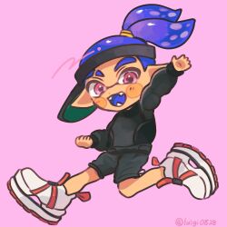 Rule 34 | 1boy, absurdres, black shorts, black sweater, blue hair, commentary, eyebrow cut, full body, highres, inkling, inkling boy, inkling player character, male focus, nintendo, open mouth, payayo884, pink background, pink eyes, pointy ears, shoes, short hair, shorts, sideways hat, simple background, smile, solo, splatoon (series), splatoon 3, sweater, symbol-only commentary, teeth, visor cap, white footwear