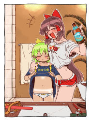 Rule 34 | +++, 2girls, alternate costume, beer bottle, blush, bow, breasts, brown hair, closed eyes, closed mouth, clothes lift, commentary request, cookie (touhou), cowboy shot, daiyousei, diyusi (cookie), dolphin shorts, flat chest, frilled bow, frilled hair tubes, frills, gedougawa, green hair, hair bow, hair tubes, hakurei reimu, indoors, large breasts, lifting own clothes, long hair, medium bangs, mirror, multiple girls, navel, noel (cookie), open mouth, red bow, red shorts, reflection, shirt, shirt lift, shorts, smile, tan, tanline, touhou, towel, towel rack, very long hair, watch, white shirt, wristwatch, yellow bow