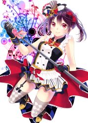 Rule 34 | 10s, 1girl, absurdres, asymmetrical garters, black gloves, bow, brown hair, cafe maid (love live!), checkered clothes, checkered legwear, dress, garter straps, gloves, hair bow, hat, highres, holding, holding microphone, looking at viewer, love live!, love live! school idol festival, love live! school idol project, microphone, mini hat, pirumjuice, red bow, red eyes, short hair, simple background, smile, solo, thighhighs, twintails, white background, yazawa nico