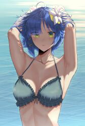 Rule 34 | 1girl, ahoge, armpits, bikini, blue hair, blush, bocchi the rock!, breasts, closed mouth, collarbone, flower, green bikini, green eyes, hair flower, hair ornament, highres, large breasts, looking at viewer, medium hair, micchan (micchanmeido), mole, mole under eye, solo, swimsuit, water, white flower, yamada ryo
