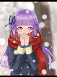 Rule 34 | 1girl, aikatsu!, aikatsu! (series), black border, blunt bangs, blurry, blurry background, blush, border, breath, breathing on hands, buttons, coat, commentary request, double-breasted, enpera, hair ribbon, half-closed eyes, highres, hikami sumire, kawosu shikou, letterboxed, outdoors, purple eyes, purple hair, ribbon, scarf, school uniform, snow, snowing, solo, sparkle, starlight academy school uniform, upper body, warming hands, winter, winter clothes, winter coat, winter uniform