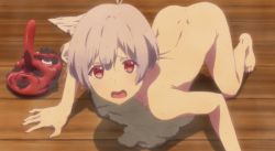 Rule 34 | 1girl, all fours, animated, animated gif, ass, back, completely nude, dimples of venus, feet, gif artifacts, heavy breathing, irina ilukhina, looking at viewer, mask, nude, red eyes, renai flops, screencap, short hair, tengu mask, thighs, towel, white hair