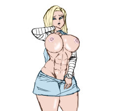 Rule 34 | 1girl, abs, android 18, blonde hair, blue eyes, breasts, clothes lift, clothes pull, cowboy shot, dragon ball, dragonball z, facing viewer, kokobiel, large breasts, looking at viewer, miniskirt, muscular, muscular female, self exposure, shirt lift, shorts, shorts pull, simple background, skirt, skirt pull, solo, standing, white background