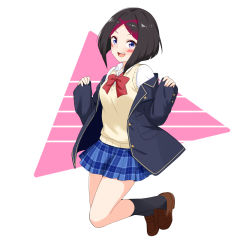 Rule 34 | 1girl, :d, absurdres, azki (hololive), black hair, blazer, blue eyes, blue jacket, blue skirt, bob cut, bow, bowtie, collared shirt, facial mark, felutiahime, highres, hololive, jacket, jumping, light blush, loafers, long hair, miniskirt, multicolored hair, open mouth, plaid, plaid skirt, pleated skirt, red bow, red bowtie, school uniform, shirt, shoes, short hair, skirt, sleeves past wrists, smile, solo, streaked hair, sweater vest, teeth, upper teeth only, virtual youtuber, white shirt