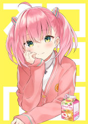 Rule 34 | 1girl, ahoge, azuuru, blush, cardigan, closed mouth, commentary request, cropped torso, cross, drinking straw, game club project, green eyes, hair between eyes, hair ornament, hand up, head rest, highres, juice box, long hair, long sleeves, looking at viewer, pink cardigan, pink hair, sakuragi miria, shirt, sleeves past wrists, smile, solo, twintails, undershirt, virtual youtuber, white shirt