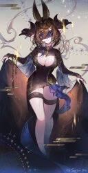 Rule 34 | 1girl, animal ears, black dress, blindfold, breasts, brown hair, cleavage, cleavage cutout, clothing cutout, cropped legs, dress, facing viewer, galleon (granblue fantasy), galleon (life&#039;s compassionate observer) (granblue fantasy), glint, granblue fantasy, highres, horns, large breasts, long hair, long sleeves, multicolored hair, parted lips, pointy ears, shawl, sleeves past wrists, solo, soriya, standing, streaked hair, thigh strap, twitter username