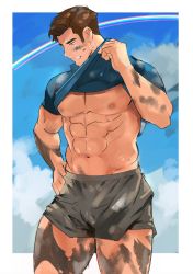Rule 34 | 1boy, abs, bara, bare pectorals, blue shirt, border, brown hair, clothes lift, cloud, cowboy shot, dirty, grey shorts, hand on own hip, highres, large pectorals, lifted by self, male focus, muscular, muscular male, navel, nipples, original, pectorals, rainbow, shirt, shirt lift, short hair, short sleeves, shorts, solo, stomach, t-shirt, thick thighs, thighs, tofu (tofulabo), white border
