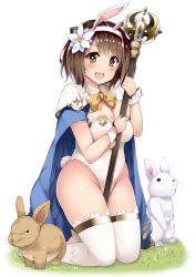 Rule 34 | 1girl, alternate costume, animal, animal ears, blonde hair, blush, breasts, brown eyes, brown hair, cape, cleavage, cosplay, draph, fake animal ears, fake tail, flower, granblue fantasy, grass, hair flower, hair ornament, hairband, holding, holding staff, horns, kneeling, kusano (torisukerabasu), large breasts, leotard, looking at viewer, open mouth, rabbit, rabbit ears, rabbit tail, sage (granblue fantasy), short hair, smile, solo, staff, tail, thighhighs, white background, white thighhighs, wrist cuffs, yaia (granblue fantasy)