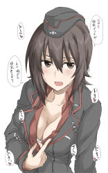 Rule 34 | 1girl, black hat, black jacket, blush, breasts, brown eyes, brown hair, cleavage, commentary, dress shirt, elf (stroll in the woods), garrison cap, girls und panzer, hat, highres, insignia, jacket, kuromorimine military uniform, kuromorimine school uniform, long sleeves, looking at viewer, medium breasts, military, military hat, military uniform, nishizumi maho, open mouth, partially unbuttoned, red shirt, school uniform, shirt, short hair, solo, sweat, translated, unbuttoning, uniform, wing collar