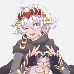 Rule 34 | 1boy, ahoge, black gloves, blush, braid, creatures (company), earrings, fang, fingerless gloves, game freak, gen 7 pokemon, gloves, grey eyes, grey hair, heart, heart hands, jewelry, kommo-o, long hair, looking at viewer, male focus, merlusa, nintendo, one eye closed, open mouth, personification, pokemon, smile, solo, sweatdrop, thick eyebrows, trap, upper body