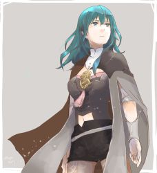 Rule 34 | 1girl, armor, blue eyes, blue hair, byleth (female) (fire emblem), byleth (fire emblem), cape, cowboy shot, fire emblem, fire emblem: three houses, hair ornament, long hair, looking at viewer, nintendo, pantyhose, robaco, shorts, simple background, solo, upper body, white background