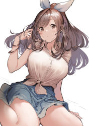 Rule 34 | 1girl, :o, arm support, blue skirt, blush, bow, breasts, brown eyes, brown hair, collarbone, commentary, dutch angle, feet out of frame, floating hair, frilled shirt, frills, hair bow, twirling hair, hand up, high ponytail, highres, idolmaster, idolmaster shiny colors, koruse, large breasts, long hair, looking at viewer, shirt, short sleeves, simple background, sitting, skirt, sleeveless, sleeveless shirt, solo, swept bangs, tareme, tied shirt, tsukioka kogane, unfinished, sketch background, wariza, white background, white bow, white shirt, wing collar