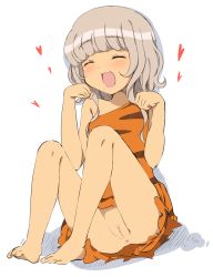 Rule 34 | 1girl, :3, :d, animal print, barefoot, blush, dress, closed eyes, feet, female focus, full body, grey hair, happy, heart, knees up, mole, mole under mouth, no panties, open mouth, paw pose, pretty series, pripara, pussy, short dress, short hair, simple background, sitting, smile, solo, taiyo pepper, tiger print, toes, uncensored, white background, yasunao (yasunao-z)