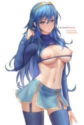 Rule 34 | 1girl, alternate breast size, blue eyes, blue hair, blue thighhighs, breasts, chihunhentai, fire emblem, fire emblem awakening, garter straps, hair between eyes, highres, long hair, looking at viewer, lucina (fire emblem), miniskirt, nintendo, nipples, patreon username, simple background, skirt, solo, thighhighs, white background