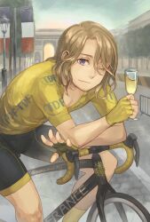 Rule 34 | 1boy, alcohol, axis powers hetalia, bicycle, bike jersey, brown hair, cup, cycling uniform, drinking glass, facial hair, fingerless gloves, france (hetalia), french flag, gloves, highres, holding, holding cup, kakkokari911, lamppost, leaning back, long hair, looking at viewer, male focus, one eye closed, outdoors, parted bangs, purple eyes, riding, riding bicycle, shorts, smile, solo