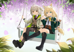 2girls :d ahoge animal_ear_fluff animal_ears ankle_boots arknights belt belt_buckle black_boots black_thighhighs blazer blonde_hair boots brown_belt brown_jacket buckle buttons closed_mouth collared_shirt falling_petals flower full_body green_eyes green_jacket grey_hair grey_jacket hair_ornament highres holding_hands interlocked_fingers jacket knee_boots lapels leaf long_sleeves looking_at_viewer mao_xin&#039;ai medium_hair multiple_girls necktie on_swing one_side_up open_clothes open_jacket open_mouth petals pink_flower podenco_(arknights) red_necktie scene_(arknights) shirt shoe_soles short_hair single_thighhigh sitting smile star_(symbol) star_hair_ornament swing tail thighhighs toggles unbuttoned white_shirt yellow_eyes yellow_tail