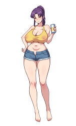 Rule 34 | 1girl, absurdres, alcohol, alternate breast size, bare legs, bare shoulders, barefoot, beer can, bibita, blush, breasts, can, censored, cleft of venus, curvy, denim, denim shorts, drink can, earrings, female focus, hand on own hip, high ponytail, highres, holding, holding can, jewelry, katsuragi misato, large breasts, looking at viewer, navel, neon genesis evangelion, nipples, no bra, no panties, ponytail, purple hair, shiny skin, shirt, short shorts, shorts, smile, standing, tank top, white background, wide hips, yellow eyes, yellow shirt