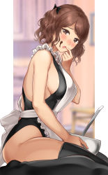 Rule 34 | 1girl, amagami, apron, black one-piece swimsuit, black thighhighs, blush, bowl, breasts, brown eyes, brown hair, chocolate, chocolate on face, competition swimsuit, food, food on face, hair ribbon, highleg, highleg swimsuit, highres, ladle, large breasts, looking at viewer, nakata sae, one-piece swimsuit, open mouth, ribbon, serizawa (serizawaroom), short hair, short twintails, sideboob, sitting, solo, swimsuit, swimsuit under clothes, thighhighs, twintails, valentine, wariza, white apron