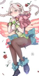 Rule 34 | 1girl, absurdres, ahoge, blue dress, blue eyes, blue footwear, blush, braid, breasts, brown pantyhose, butterfly wings, capelet, commission, commissioner upload, cross-laced clothes, cross-laced dress, dress, fairy, fairy wings, fire emblem, fire emblem fates, fire emblem heroes, flower, flower bracelet, gradient clothes, green bracelet, green dress, hair vines, harness, highres, insect wings, leaf bracelet, lone nape hair, long hair, low twin braids, low twintails, mayumayu024, medium breasts, nina (fire emblem), nina (resplendent) (fire emblem), nintendo, non-web source, official alternate costume, own hands together, pantyhose, parted bangs, pink capelet, pink flower, short dress, skeb commission, solo, twin braids, twintails, two-tone dress, vine bracelet, vine harness, white flower, white hair, wings