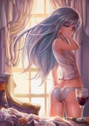 Rule 34 | 1girl, ass, back, bare shoulders, blue eyes, blue hair, book, butt crack, chair, cup, curtains, dantewontdie, drinking glass, flower, hair ornament, hairclip, highres, long hair, matching hair/eyes, midriff, original, panties, petals, rose, rose petals, signature, skin tight, skindentation, solo, underwear, white flower, white panties, white rose, wine glass