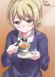 Rule 34 | 10s, 1girl, black necktie, blonde hair, blue eyes, blue sweater, blush, braid, brown background, closed mouth, commentary, cup, darjeeling (girls und panzer), dated, dress shirt, emblem, girls und panzer, highres, holding, holding cup, long sleeves, looking at viewer, natsuki (gedo), necktie, one-hour drawing challenge, saucer, school uniform, shirt, short hair, smile, solo, st. gloriana&#039;s school uniform, sweater, tea, teacup, twin braids, twitter username, upper body, v-neck, white shirt, wing collar
