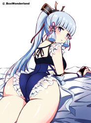 Rule 34 | 1girl, ass, ayaka (genshin impact), blue eyes, blue hair, box wonderland, cameltoe, cleft of venus, frilled leotard, frills, genshin impact, hair ornament, highres, leotard, long hair, looking at viewer, looking back, lying, on stomach, ponytail, simple background, solo, thighs, white background