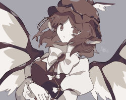 Rule 34 | 1girl, animal ears, bad id, bad pixiv id, bird ears, bird wings, bow, bowtie, breasts, brooch, brown dress, brown eyes, brown hair, brown hat, chestnut mouth, commentary, dress, ear piercing, feathered wings, frilled sleeves, frills, grey background, hat, highres, jewelry, juliet sleeves, large breasts, long sleeves, looking at viewer, mob cap, mystia lorelei, negi si, parted bangs, piercing, puffy sleeves, ribbon-trimmed headwear, ribbon trim, short hair, signature, simple background, solo, touhou, upper body, white bow, white bowtie, white sleeves, white wings, winged hat, wings