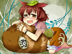 Rule 34 | 1girl, animal ears, bloomers, blush, bottle, brown eyes, brown hair, female focus, futatsuiwa mamizou, glasses, gourd, hugging own tail, hugging tail, leaf, leaf on head, object on head, open mouth, oyuki, oyuki (otozuki mozuku), raccoon ears, raccoon tail, sake bottle, sandals, short hair, skirt, smile, solo, tail, touhou, underwear