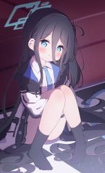 Rule 34 | 1girl, :t, absurdly long hair, aris (blue archive), black hair, black skirt, black socks, blue archive, blue eyes, blue necktie, blush, closed mouth, collared shirt, commentary request, full body, hair between eyes, halo, head tilt, highres, hugging own legs, jacket, knees up, long hair, looking at viewer, necktie, no shoes, one side up, open clothes, open jacket, pleated skirt, pout, rectangular halo, setmen, shirt, sitting, skirt, socks, solo, very long hair, white jacket, white shirt