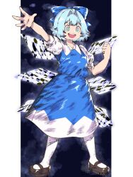 Rule 34 | 1girl, :d, aojirozame1228, arm up, bare arms, black background, black footwear, blue bow, blue dress, blue hair, bow, breasts, bright pupils, cirno, clenched hand, dress, full body, green eyes, hair bow, hair intakes, hand up, highres, ice, ice wings, light blue hair, looking at viewer, mary janes, open hand, open mouth, outside border, pantyhose, pillarboxed, puffy short sleeves, puffy sleeves, purple eyes, shoes, short hair, short sleeves, small breasts, smile, solo, standing, teeth, touhou, two-tone eyes, upper teeth only, white pantyhose, white pupils, wings