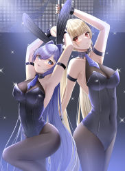Rule 34 | 2girls, absurdres, animal ears, arm strap, arm up, armpits, arms up, ass, azur lane, bare shoulders, black legwear, black leotard, blue eyes, blue hair, blunt bangs, blush, bodystocking, breasts, cleavage, closed mouth, collar, collarbone, commentary request, cosplay, covered navel, cowboy shot, fake animal ears, formidable (azur lane), grabbing, hair between eyes, hair intakes, hair ribbon, headgear, highres, indoors, konparu uran, large breasts, leotard, long hair, looking at viewer, multiple girls, necktie, new jersey (azur lane), new jersey (azur lane) (cosplay), new jersey (exhilarating steps!) (azur lane), official alternate costume, pantyhose, parted lips, platinum blonde hair, playboy bunny, pole, pole dancing, rabbit ears, red eyes, ribbon, screen, see-through, see-through cleavage, short necktie, sidelocks, smile, sparkle, stage, stage lights, standing, standing on one leg, strapless, strapless leotard, stripper pole, twintails, very long hair, wrist cuffs