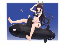 Rule 34 | 4girls, :q, airool, akagi (warship girls r), animal ears, arm up, bad id, bad pixiv id, bare arms, bare legs, bare shoulders, barefoot, bikini, black bikini, black hair, black sailor collar, blue background, blue one-piece swimsuit, blush, breasts, brown eyes, character request, chibi, closed mouth, commentary request, flower, frilled bikini, frills, green hair, hair flower, hair ornament, highres, long hair, looking at viewer, medium breasts, mini person, minigirl, multiple girls, old school swimsuit, one-piece swimsuit, pennant, red flower, sailor bikini, sailor collar, salute, school swimsuit, skindentation, smile, soles, submarine, swimsuit, thigh strap, tongue, tongue out, two-tone background, very long hair, warship girls r, watercraft, white background, white hair