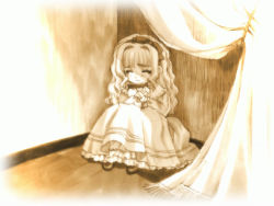 Rule 34 | 1girl, book, hugging book, carnelian, child, curtains, d: sono keshiki no mukougawa, game cg, hair intakes, holding, holding book, hugging object, indoors, monochrome, sad, sepia, sitting, solo, wavy hair, yellow theme