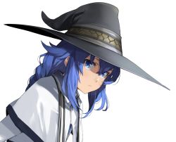Rule 34 | 1girl, black hat, blue eyes, blue hair, closed mouth, enami katsumi, hair between eyes, hat, long hair, looking at viewer, mushoku tensei, roxy migurdia, simple background, solo, upper body, white background, witch, witch hat