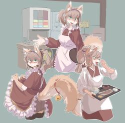 Rule 34 | 1girl, absurdres, animal ears, animal nose, annoyed, apron, arm at side, ass, beads, bell, black thighhighs, bloomers, blush, body fur, bowl, breasts, brown bloomers, brown fur, brown hair, buttons, closed mouth, clothes lift, clothing cutout, coffee maker, cowboy shot, cropped legs, dress, dress lift, embarrassed, english text, female focus, food, fox ears, fox girl, fox tail, frilled apron, frilled dress, frills, from behind, fruit, furry, furry female, garter straps, green background, green eyes, hair beads, hair between eyes, hair ornament, hair ribbon, hairband, hand up, hands up, happy, highres, holding, holding food, holding tray, indoors, japanese clothes, jingle bell, kappougi, kimono, lemon, lemon slice, leonardo (user crrj8878), lifting own clothes, long dress, long hair, long sleeves, looking at viewer, looking back, looking to the side, maid, maid apron, multiple views, nose blush, open mouth, original, outline, plate, ponytail, profile, purple hairband, red dress, red kimono, red ribbon, ribbon, rice, rope, short sleeves, shouting with hands, sidelocks, sign, small breasts, smile, snout, standing, tail, tail bell, tail ornament, tail raised, tail through clothes, thighhighs, tofu, tray, two-tone fur, underwear, v-shaped eyebrows, white apron, white fur, white outline