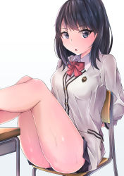 Rule 34 | 1girl, :o, arms behind back, ass, black hair, black skirt, blue eyes, cardigan, chair, collared shirt, curtains, desk, feet out of frame, gradient background, gridman universe, highres, legs, long hair, muyoshito, open mouth, pleated skirt, red neckwear, school chair, school desk, school uniform, scrunchie, shirt, simple background, sitting, skirt, smile, socks, solo, ssss.gridman, sweat, takarada rikka, thighs, uniform, white shirt, window, wrist scrunchie, yoshito (muyoshito207)