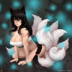 Rule 34 | 1girl, ahri (league of legends), all fours, animal ears, areola slip, black hair, bottomless, braid, breasts, brown eyes, budget sarashi, cleavage, commentary, elee0228, female focus, fox ears, fox tail, full body, gao (gaolukchup), highres, kneeling, large breasts, league of legends, long hair, multiple tails, patreon, patreon username, revision, sarashi, single braid, solo, tail, underboob, very long hair, watermark, web address, whiskers