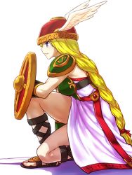 Rule 34 | 1girl, blonde hair, boobplate, braid, breastplate, dress, from side, gladiator sandals, helmet, highres, holding, holding shield, itou yuuji, long hair, on one knee, parted lips, profile, purple dress, purple eyes, redrawn, sandals, shield, simple background, single braid, smile, solo, valkyrie, valkyrie (vnd), valkyrie no densetsu, white background, winged helmet