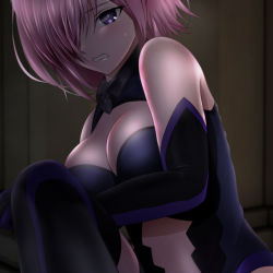 Rule 34 | 1girl, black gloves, black leotard, black thighhighs, breasts, cleavage, cleavage cutout, clenched teeth, clothing cutout, covering privates, covering breasts, elbow gloves, fate/grand order, fate (series), gloves, hair over one eye, leotard, looking at viewer, mash kyrielight, medium breasts, medium hair, pink hair, purple eyes, purple gloves, purple thighhighs, sitting, solo, stomach cutout, straight hair, teeth, thighhighs, two-tone gloves, two-tone legwear, yadokari genpachirou